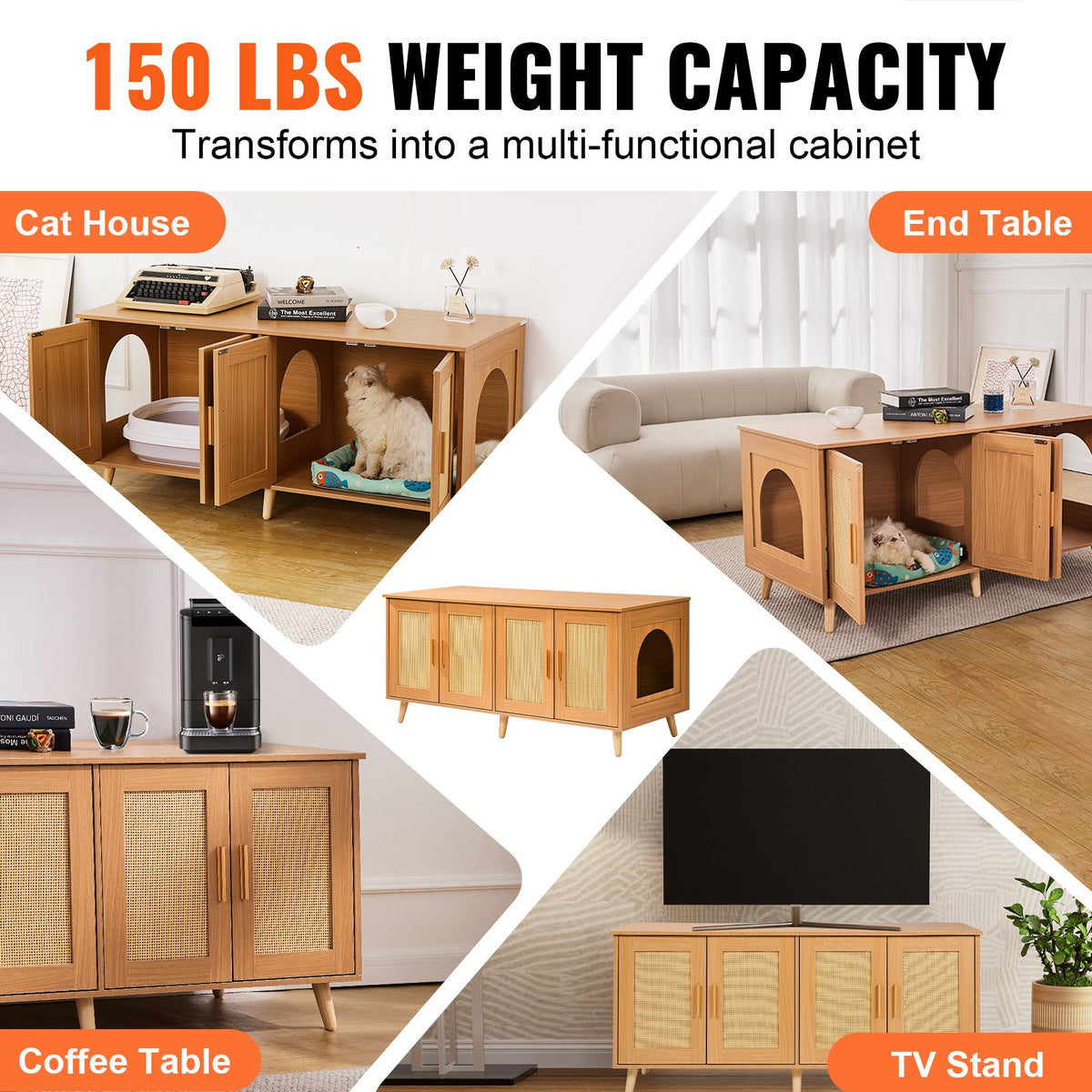 Cat litter box furniture cabinet with rattan doors – view 2