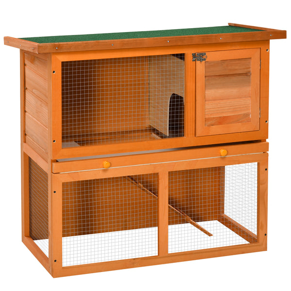 Two-tier wooden outdoor rabbit hutch