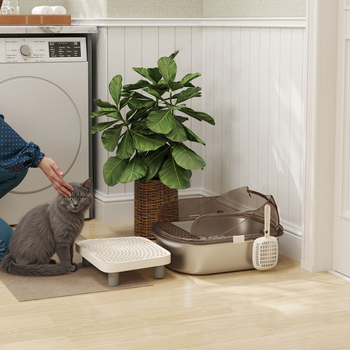 Enclosed cat litter box with lid and pedal – view 2