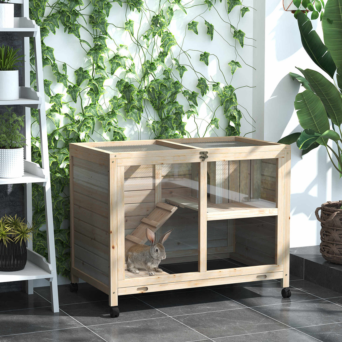 2-layer indoor wooden rabbit hutch with wheels – view 5