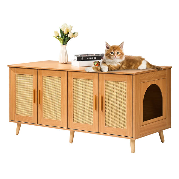 Cat litter box furniture cabinet with rattan doors