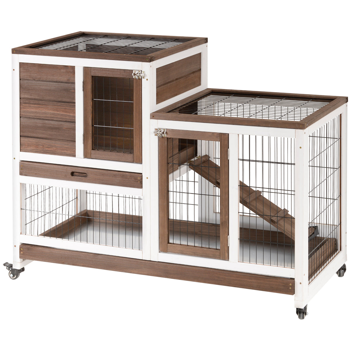 Two-tier fir rabbit hutch on wheels