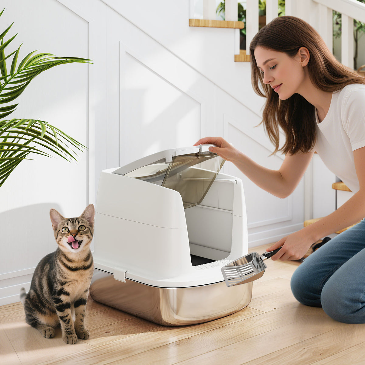 PawHut large stainless steel litter box – view 2