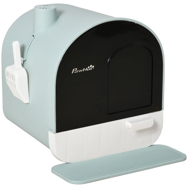 Hooded cat litter box with flap door