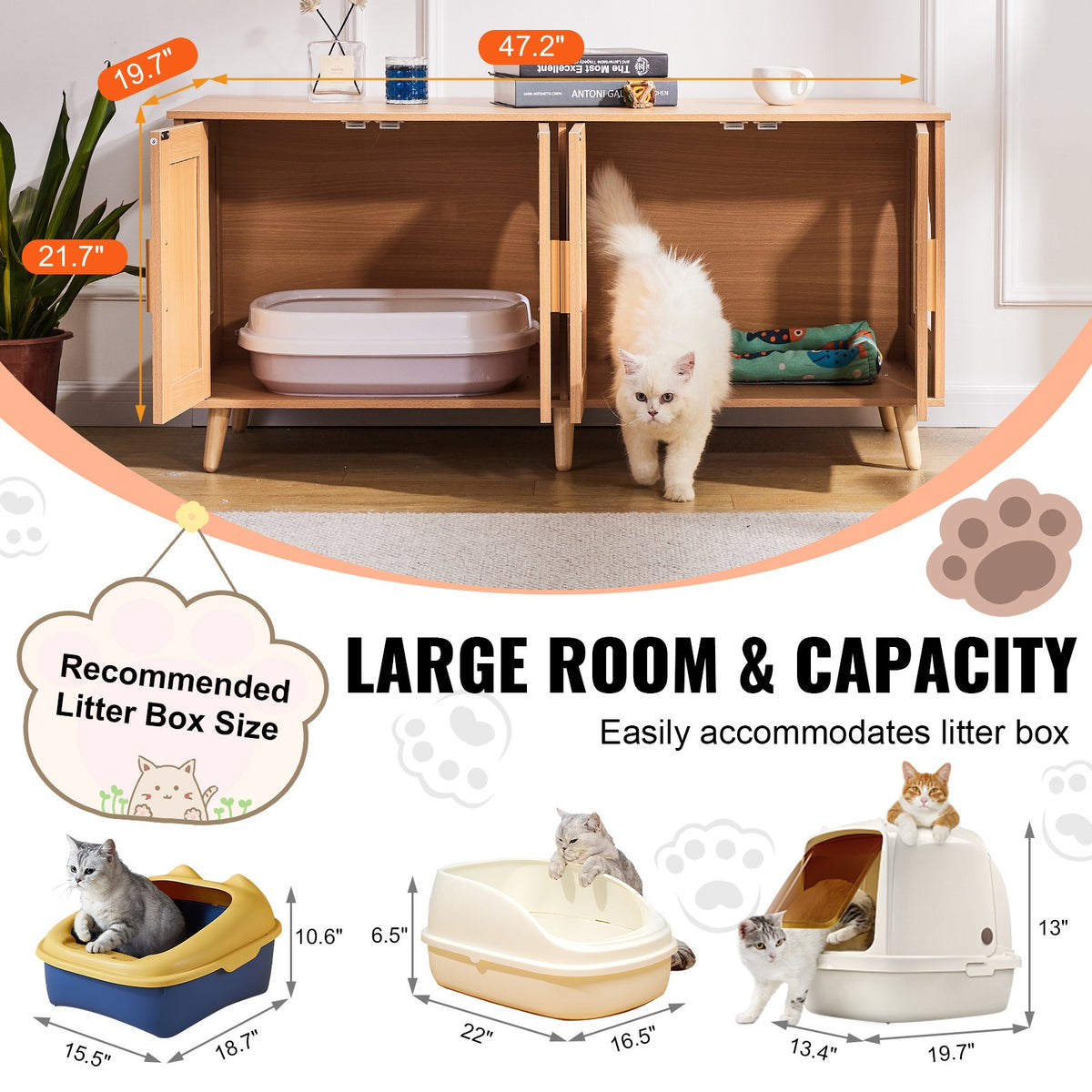 Cat litter box furniture cabinet with rattan doors – view 3