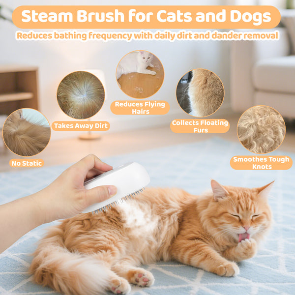 Self-cleaning cat steam grooming brush