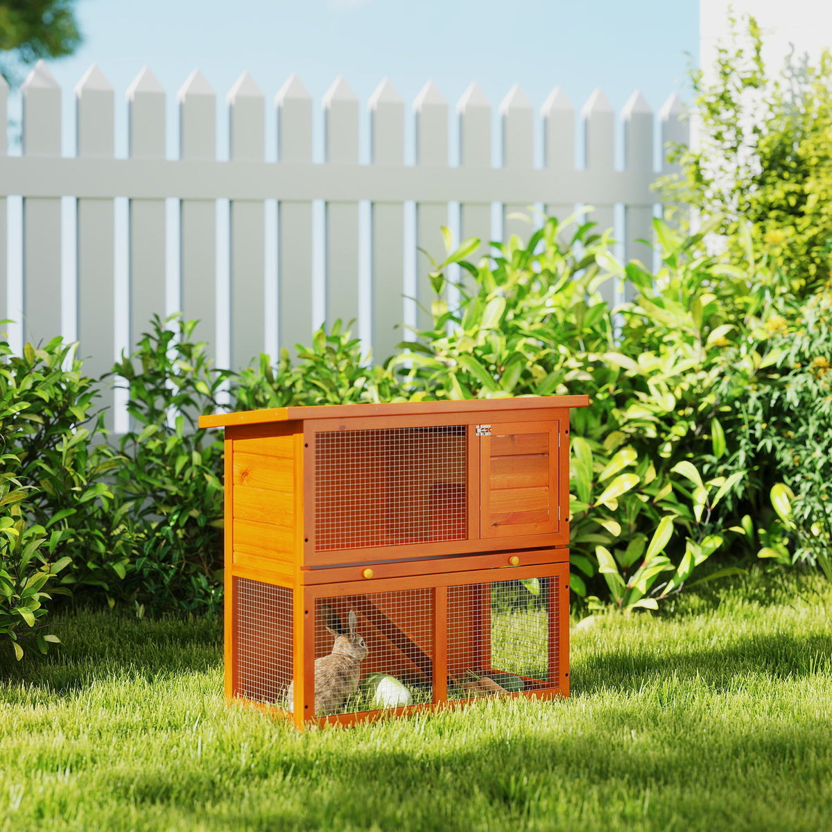 Two-tier wooden outdoor rabbit hutch – view 3