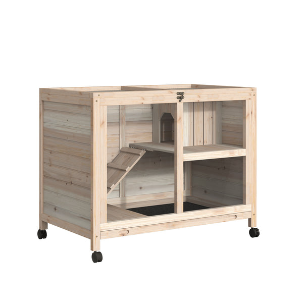 2-layer indoor wooden rabbit hutch with wheels