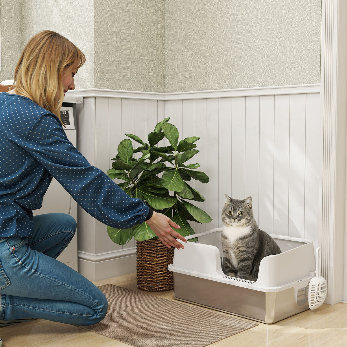 Stainless steel cat litter box with detachable rim – view 3